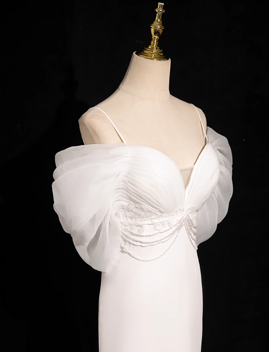 Mermaid V Neckline Satin Tulle White Long Prom Dress, White Wedding Dress ED01139