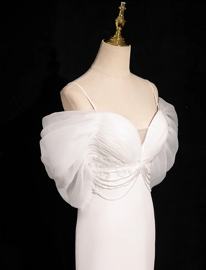 Mermaid V Neckline Satin Tulle White Long Prom Dress, White Wedding Dress ED01139