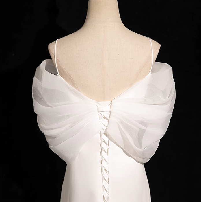 Mermaid V Neckline Satin Tulle White Long Prom Dress, White Wedding Dress ED01139