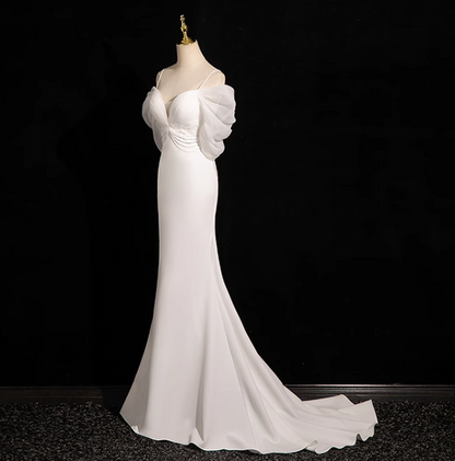 Mermaid V Neckline Satin Tulle White Long Prom Dress, White Wedding Dress ED01139