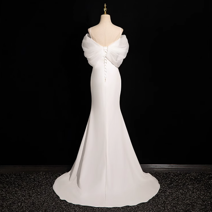 Mermaid V Neckline Satin Tulle White Long Prom Dress, White Wedding Dress ED01139