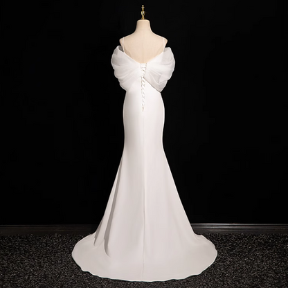 Mermaid V Neckline Satin Tulle White Long Prom Dress, White Wedding Dress ED01139