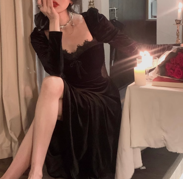 Hepburn style birthday dress daily party French temperament velvet black dress for women ED0113