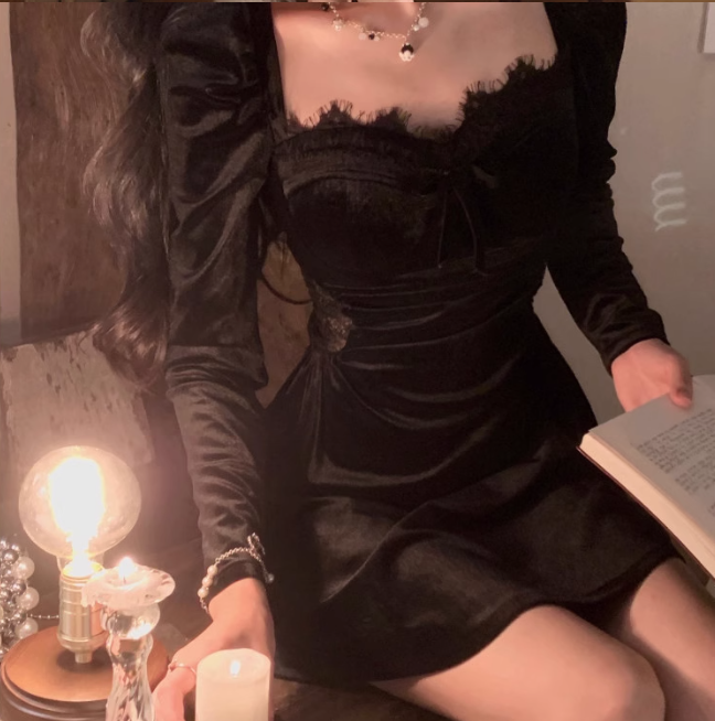 Hepburn style birthday dress daily party French temperament velvet black dress for women ED0113