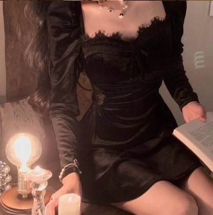 Hepburn style birthday dress daily party French temperament velvet black dress for women ED0113