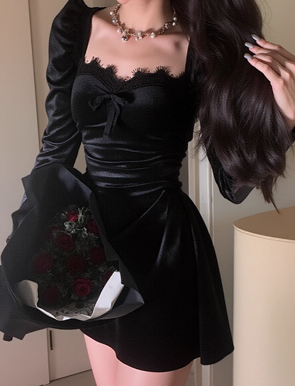 Hepburn style birthday dress daily party French temperament velvet black dress for women ED0113