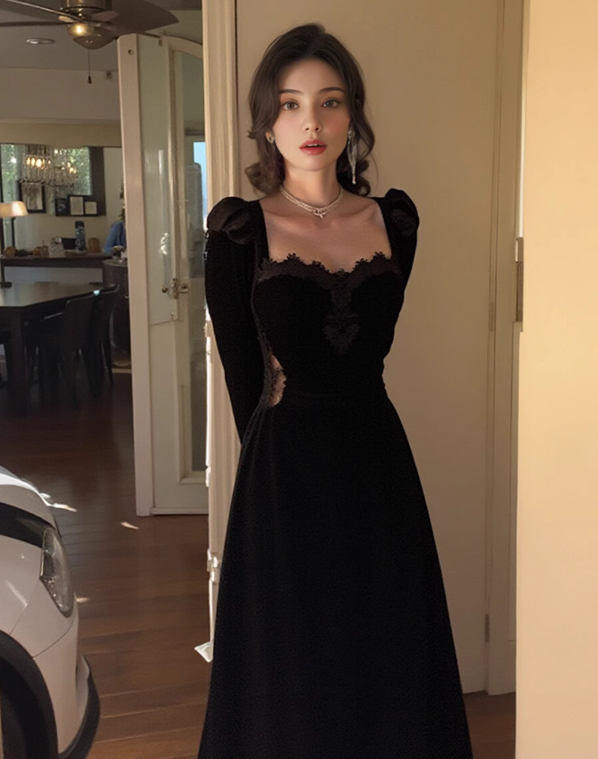 Hepburn style birthday dress daily party French temperament velvet black dress for women ED0113