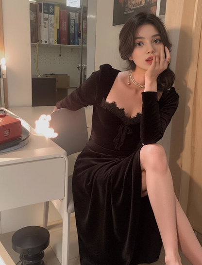 Hepburn style birthday dress daily party French temperament velvet black dress for women ED0113