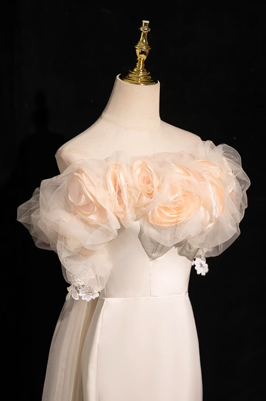 Off-white A-line off-the-shoulder satin tulle long prom dress, off-white formal dress ED01142