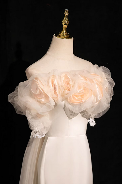 Off-white A-line off-the-shoulder satin tulle long prom dress, off-white formal dress ED01142