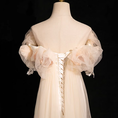 Off-white A-line off-the-shoulder satin tulle long prom dress, off-white formal dress ED01142