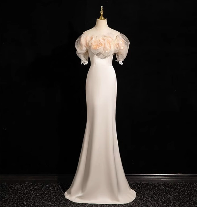 Off-white A-line off-the-shoulder satin tulle long prom dress, off-white formal dress ED01142