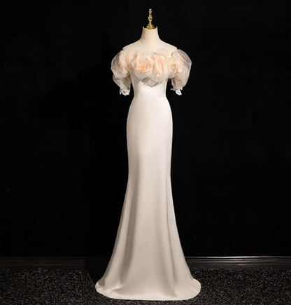 Off-white A-line off-the-shoulder satin tulle long prom dress, off-white formal dress ED01142