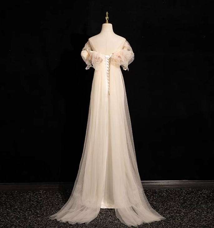 Off-white A-line off-the-shoulder satin tulle long prom dress, off-white formal dress ED01142