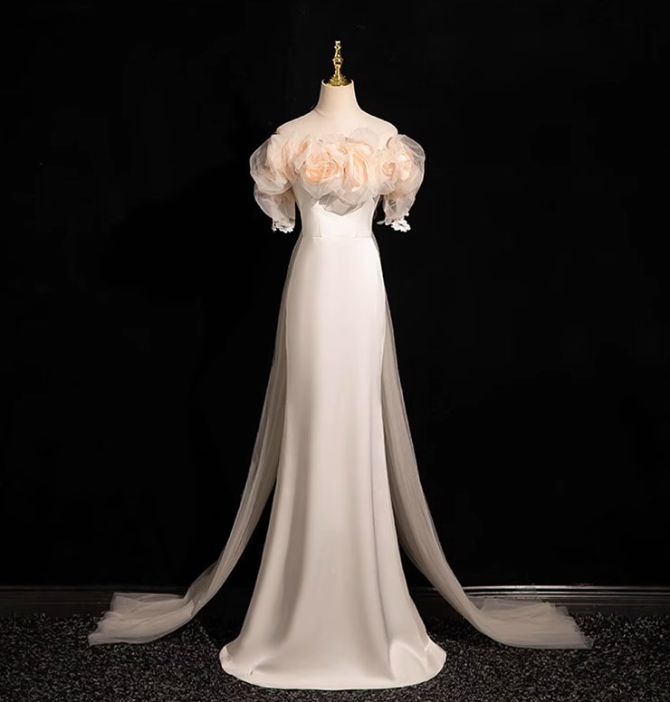 Off-white A-line off-the-shoulder satin tulle long prom dress, off-white formal dress ED01142