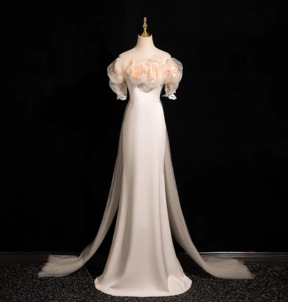 Off-white A-line off-the-shoulder satin tulle long prom dress, off-white formal dress ED01142