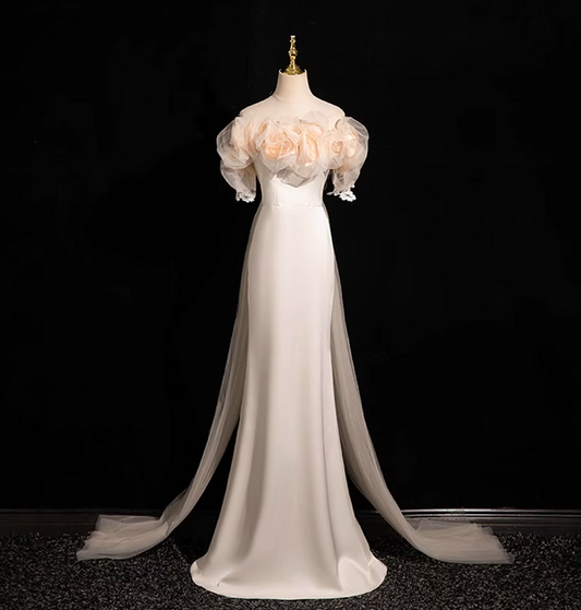 Off-white A-line off-the-shoulder satin tulle long prom dress, off-white formal dress ED01142