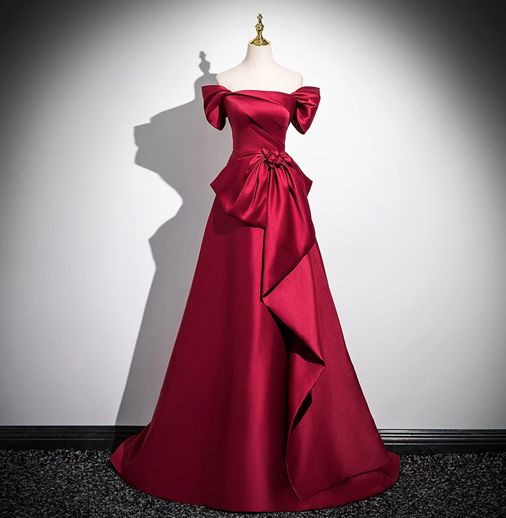 Burgundy A-line off-the-shoulder satin long prom dress, burgundy formal long dress ED01143