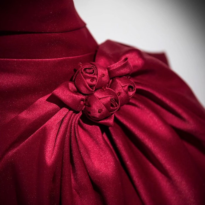 Burgundy A-line off-the-shoulder satin long prom dress, burgundy formal long dress ED01143