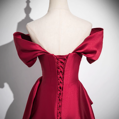 Burgundy A-line off-the-shoulder satin long prom dress, burgundy formal long dress ED01143