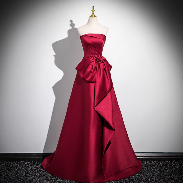 Burgundy A-line off-the-shoulder satin long prom dress, burgundy formal long dress ED01143