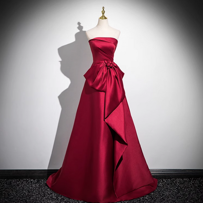 Burgundy A-line off-the-shoulder satin long prom dress, burgundy formal long dress ED01143