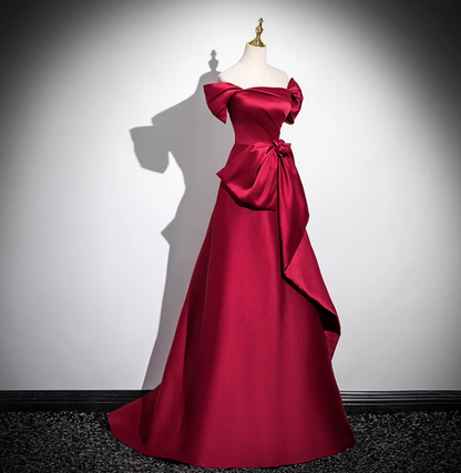 Burgundy A-line off-the-shoulder satin long prom dress, burgundy formal long dress ED01143