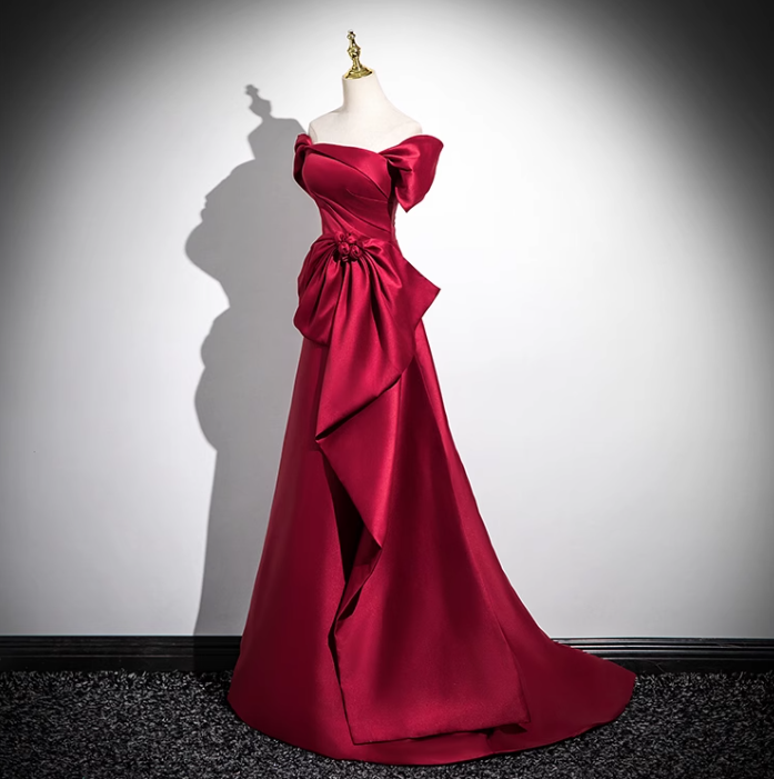 Burgundy A-line off-the-shoulder satin long prom dress, burgundy formal long dress ED01143