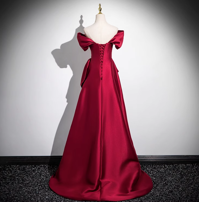 Burgundy A-line off-the-shoulder satin long prom dress, burgundy formal long dress ED01143