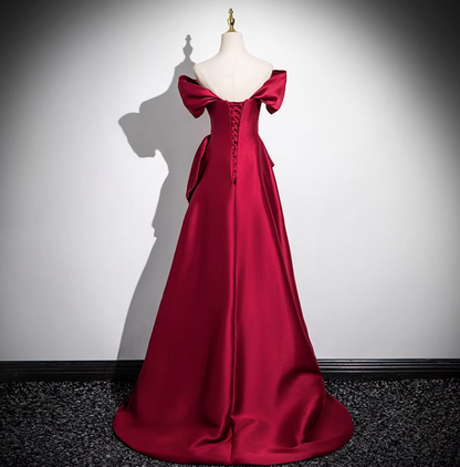 Burgundy A-line off-the-shoulder satin long prom dress, burgundy formal long dress ED01143