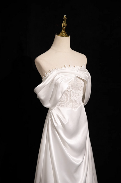 Pearl White A-line Off-shoulder Satin Lace Long Prom Dress, White Formal Long Dress ED01145