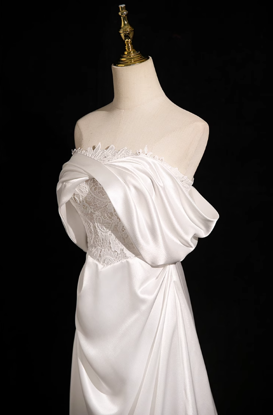 Pearl White A-line Off-shoulder Satin Lace Long Prom Dress, White Formal Long Dress ED01145