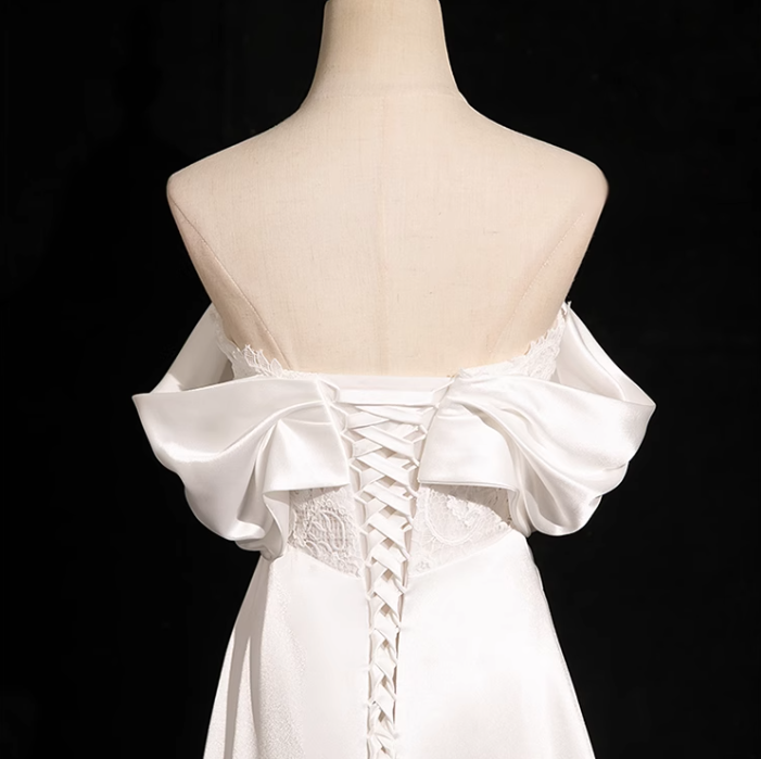 Pearl White A-line Off-shoulder Satin Lace Long Prom Dress, White Formal Long Dress ED01145