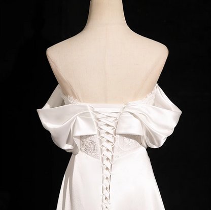 Pearl White A-line Off-shoulder Satin Lace Long Prom Dress, White Formal Long Dress ED01145