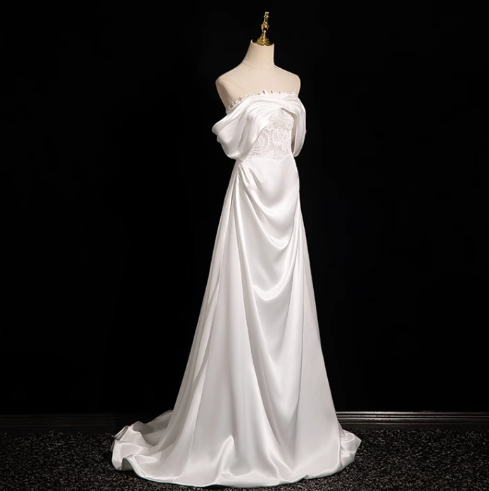 Pearl White A-line Off-shoulder Satin Lace Long Prom Dress, White Formal Long Dress ED01145
