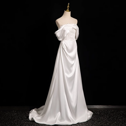 Pearl White A-line Off-shoulder Satin Lace Long Prom Dress, White Formal Long Dress ED01145