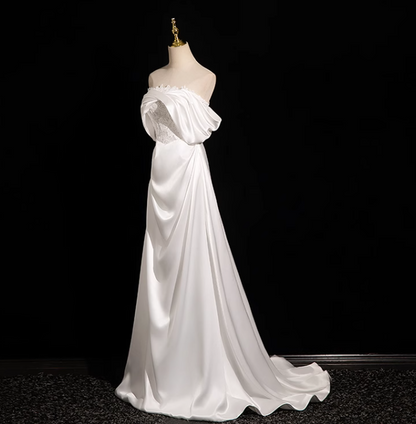 Pearl White A-line Off-shoulder Satin Lace Long Prom Dress, White Formal Long Dress ED01145