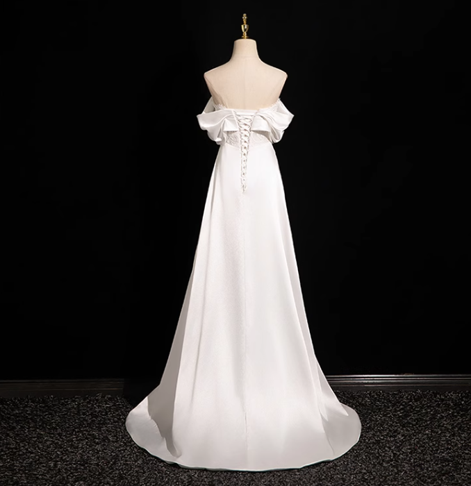 Pearl White A-line Off-shoulder Satin Lace Long Prom Dress, White Formal Long Dress ED01145