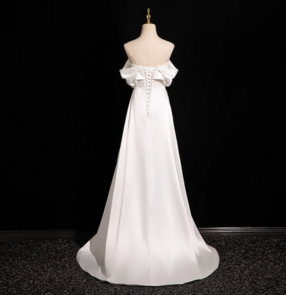 Pearl White A-line Off-shoulder Satin Lace Long Prom Dress, White Formal Long Dress ED01145