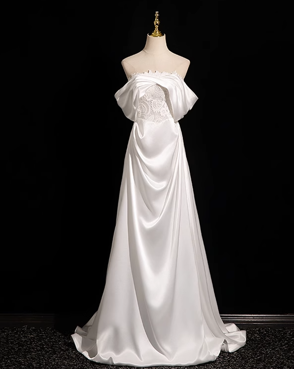 Pearl White A-line Off-shoulder Satin Lace Long Prom Dress, White Formal Long Dress ED01145