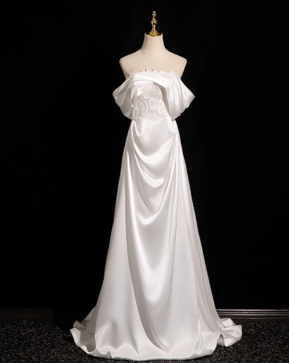 Pearl White A-line Off-shoulder Satin Lace Long Prom Dress, White Formal Long Dress ED01145