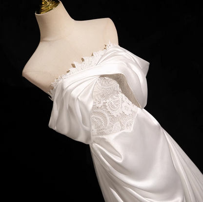 Pearl White A-line Off-shoulder Satin Lace Long Prom Dress, White Formal Long Dress ED01145