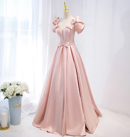 Pink A-line V-neck satin long prom dress, pink formal long dress ED01148
