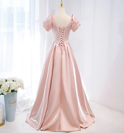 Pink A-line V-neck satin long prom dress, pink formal long dress ED01148