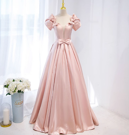 Pink A-line V-neck satin long prom dress, pink formal long dress ED01148