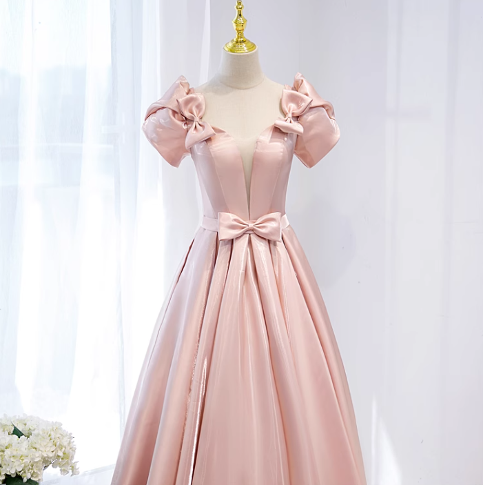 Pink A-line V-neck satin long prom dress, pink formal long dress ED01148