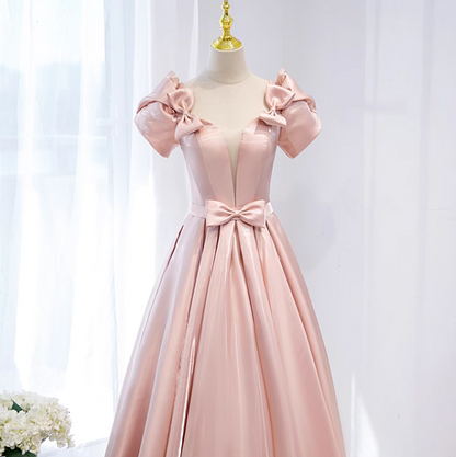 Pink A-line V-neck satin long prom dress, pink formal long dress ED01148