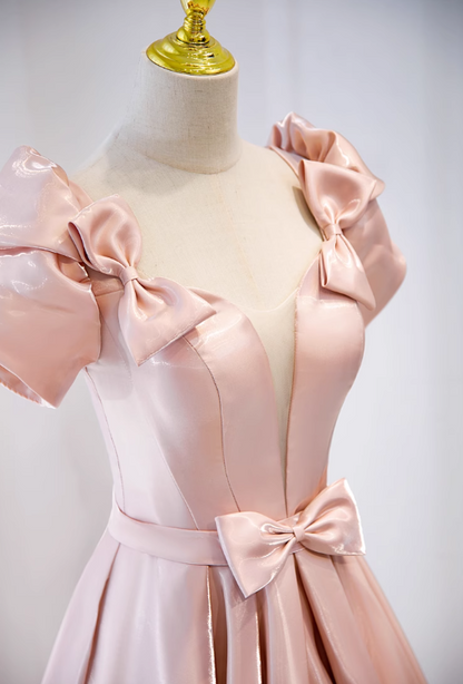 Pink A-line V-neck satin long prom dress, pink formal long dress ED01148