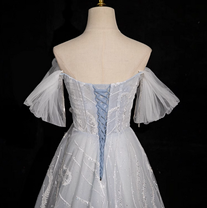 Silver grey A-line  off-shoulder tulle sequin long prom dress, silver grey formal long dress ED01149