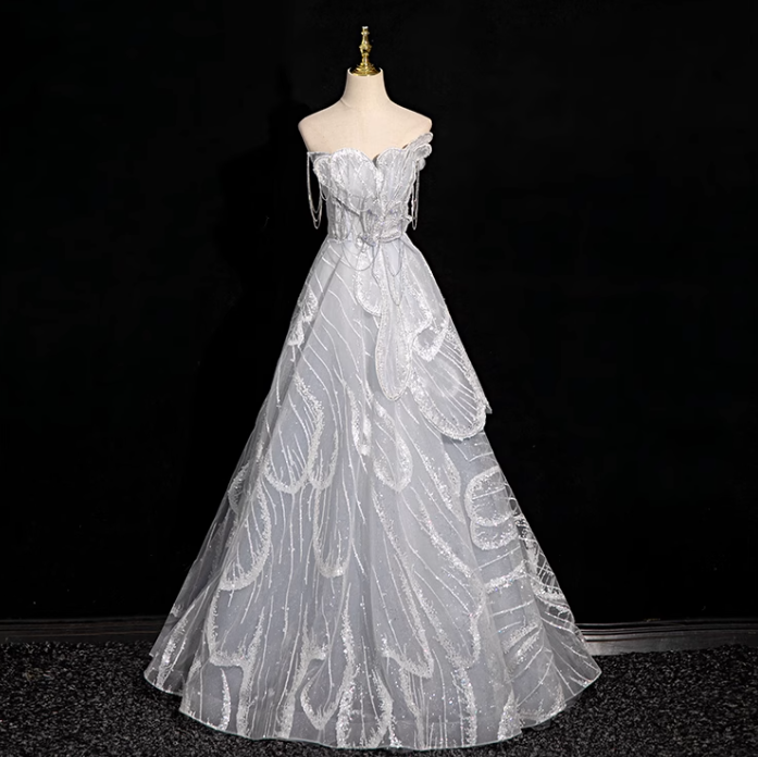 Silver grey A-line  off-shoulder tulle sequin long prom dress, silver grey formal long dress ED01149